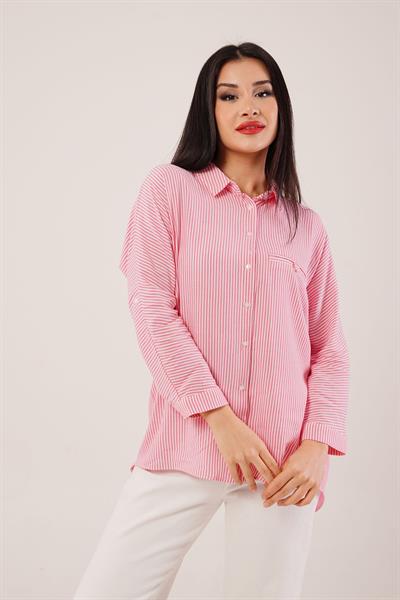 Oversize Kol Katlamalı Çizgili Pembe Gömlek