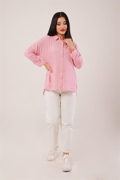 Oversize Kol Katlamalı Çizgili Pembe Gömlek