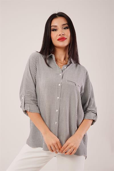 Oversize Kol Katlamalı Çizgili Siyah Gömlek