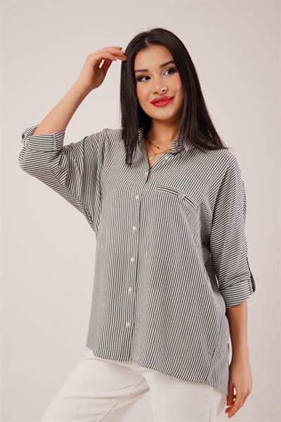 Oversize Kol Katlamalı Çizgili Siyah Gömlek