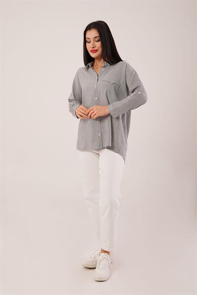 Oversize Kol Katlamalı Çizgili Siyah Gömlek