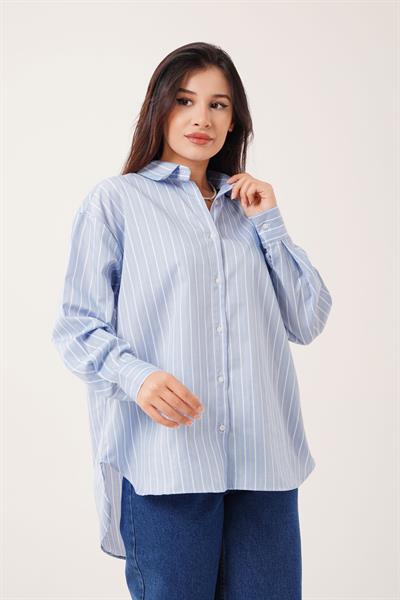 Oversize Model Çizgili Mavi Gömlek