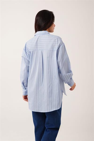 Oversize Model Çizgili Mavi Gömlek