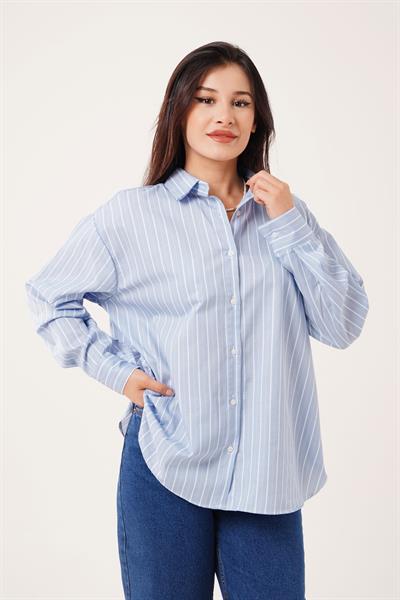 Oversize Model Çizgili Mavi Gömlek