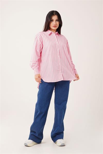 Oversize Model Çizgili Pembe Gömlek