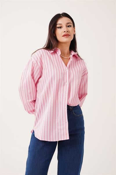 Oversize Model Çizgili Pembe Gömlek