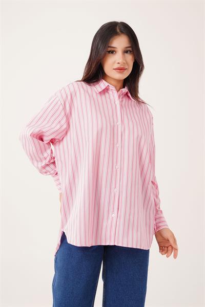 Oversize Model Çizgili Pembe Gömlek
