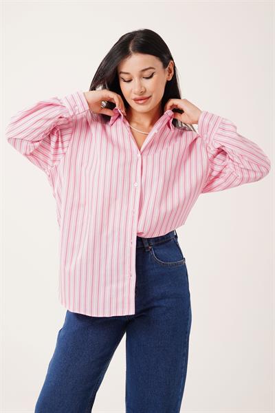 Oversize Model Çizgili Pembe Gömlek