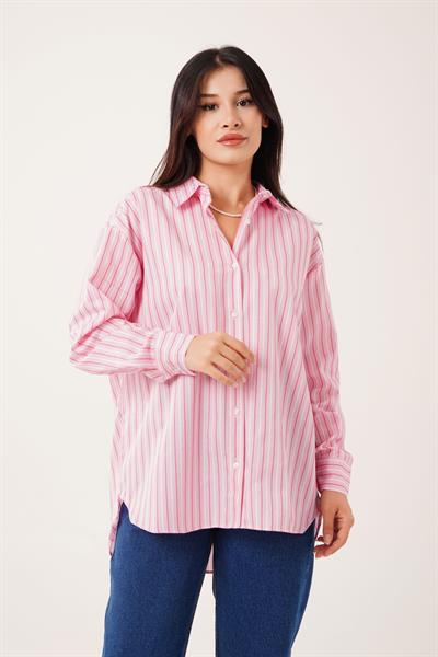 Oversize Model Çizgili Pembe Gömlek