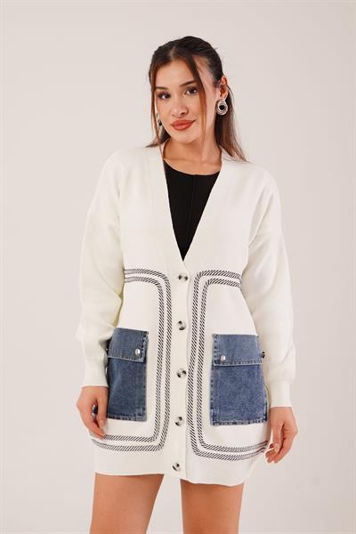Oversize Model Kot Cepli Ekru Triko Hırka