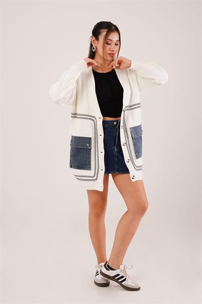 Oversize Model Kot Cepli Ekru Triko Hırka