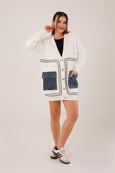 Oversize Model Kot Cepli Ekru Triko Hırka