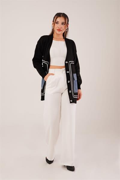 Oversize Model Kot Cepli Siyah Triko Hırka