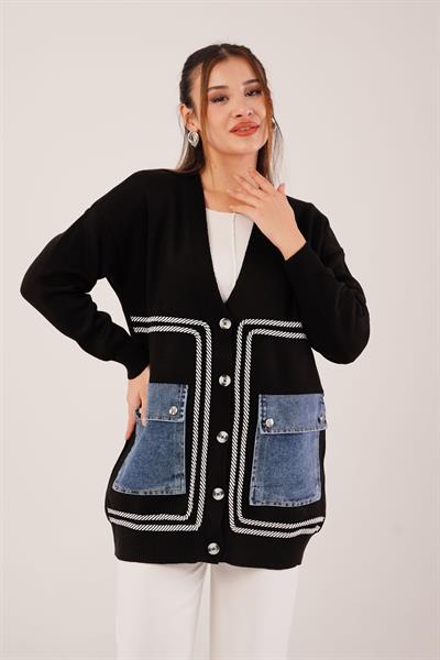 Oversize Model Kot Cepli Siyah Triko Hırka