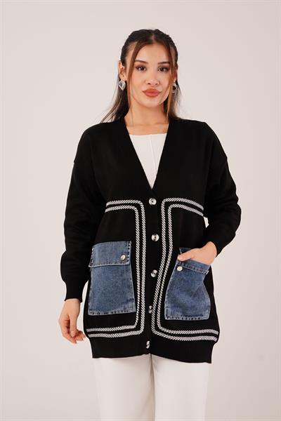 Oversize Model Kot Cepli Siyah Triko Hırka