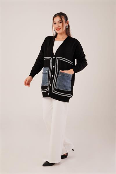 Oversize Model Kot Cepli Siyah Triko Hırka