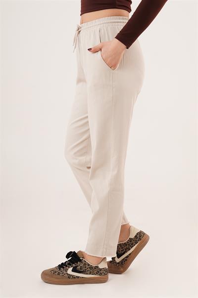 Paça Detaylı Cepli Belden Bağlamalı Bej Pantolon