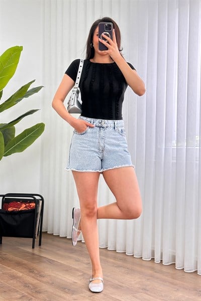 Paça Kısa Püsküllü Yıkamalı Kot Mavi Denim Şort