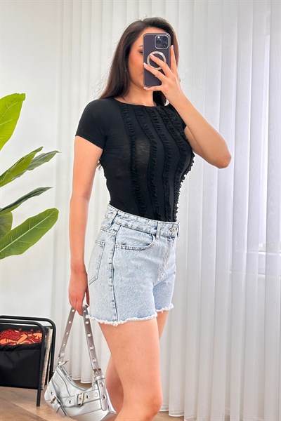 Paça Kısa Püsküllü Yıkamalı Kot Mavi Denim Şort