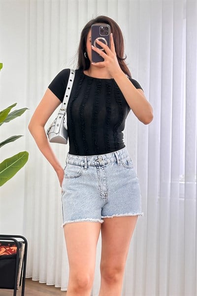 Paça Kısa Püsküllü Yıkamalı Kot Mavi Denim Şort