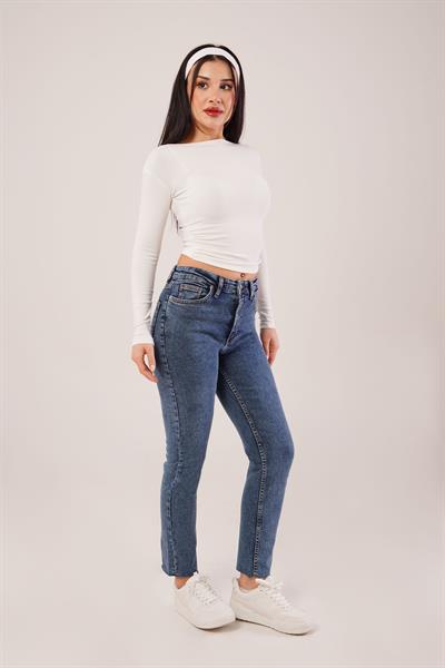 Paçası Kesik Yüksek Bel Likralı Mom Jean