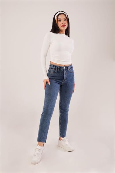 Paçası Kesik Yüksek Bel Likralı Mom Jean