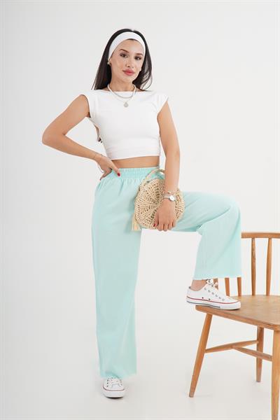 Paçası Yırtık Beli Lastikli Mint Bol Pantolon