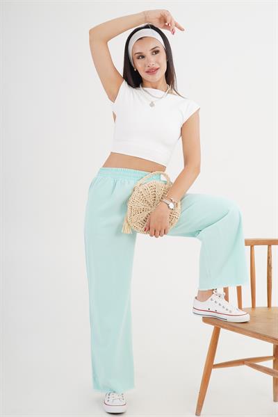 Paçası Yırtık Beli Lastikli Mint Bol Pantolon