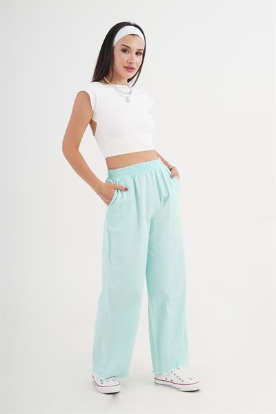 Paçası Yırtık Beli Lastikli Mint Bol Pantolon