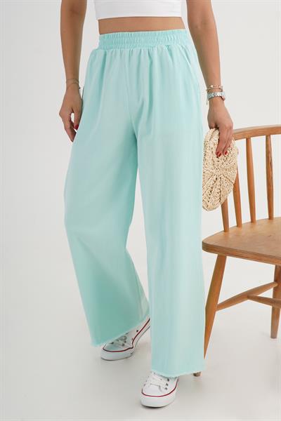 Paçası Yırtık Beli Lastikli Mint Bol Pantolon