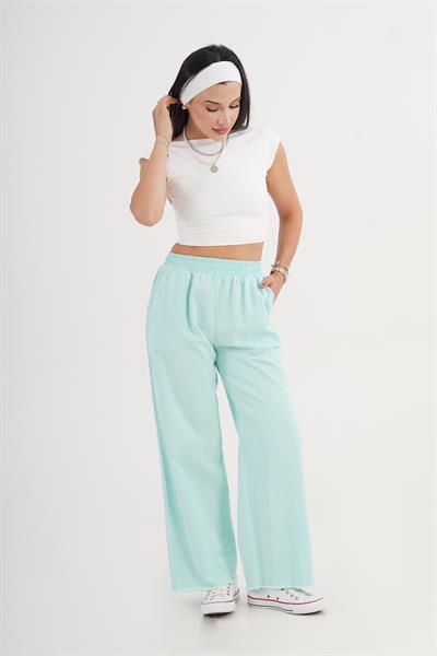 Paçası Yırtık Beli Lastikli Mint Bol Pantolon
