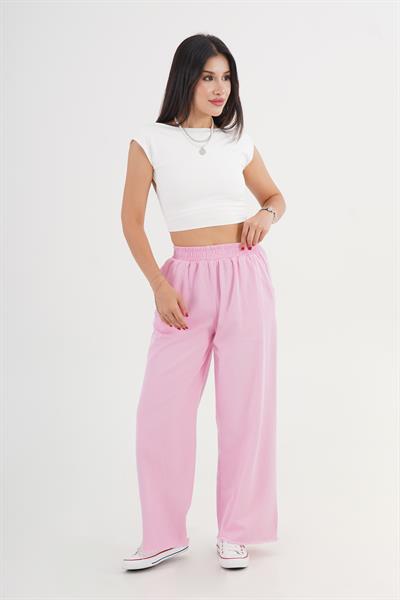 Paçası Yırtık Beli Lastikli Pembe Bol Pantolon