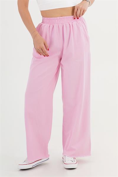 Paçası Yırtık Beli Lastikli Pembe Bol Pantolon