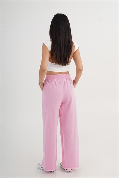 Paçası Yırtık Beli Lastikli Pembe Bol Pantolon