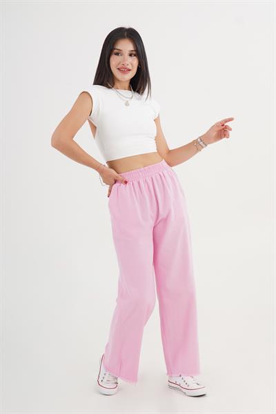 Paçası Yırtık Beli Lastikli Pembe Bol Pantolon