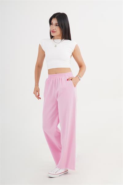Paçası Yırtık Beli Lastikli Pembe Bol Pantolon
