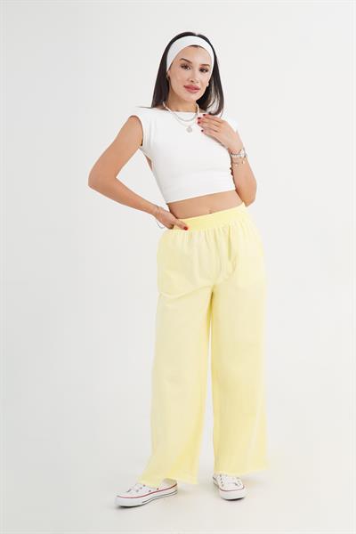 Paçası Yırtık Beli Lastikli Sarı Bol Pantolon