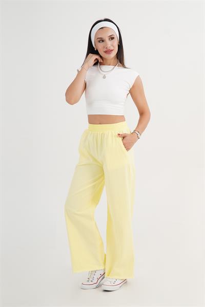 Paçası Yırtık Beli Lastikli Sarı Bol Pantolon