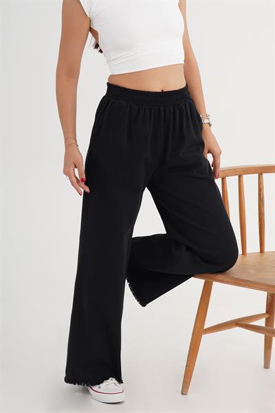 Paçası Yırtık Beli Lastikli Siyah Bol Pantolon