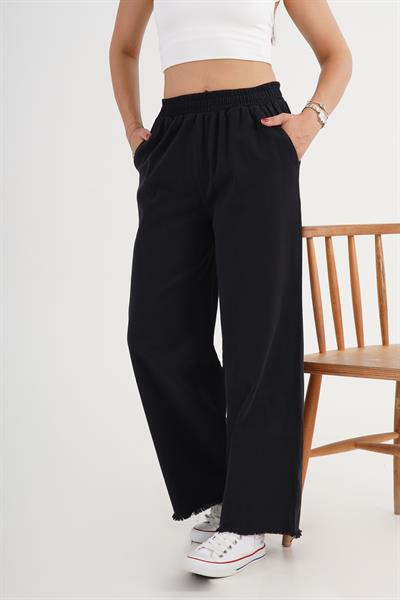 Paçası Yırtık Beli Lastikli Siyah Bol Pantolon