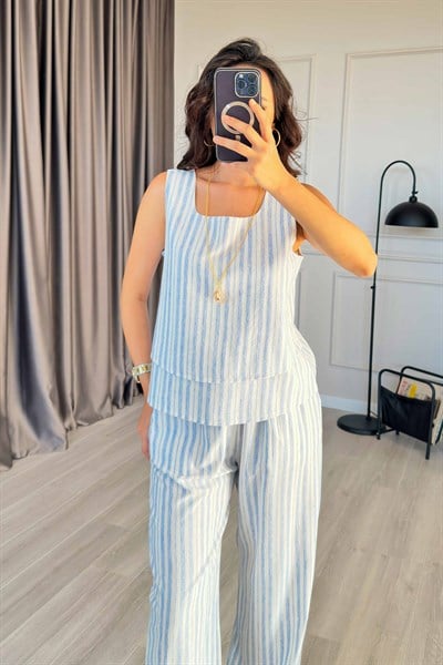 Pamuklu Çizgili Kolye Aksesuarlı Mavi Takım