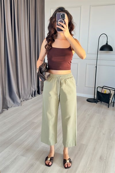Pamuklu Tok Kumaş Rahat Kalıp Haki Pantolon
