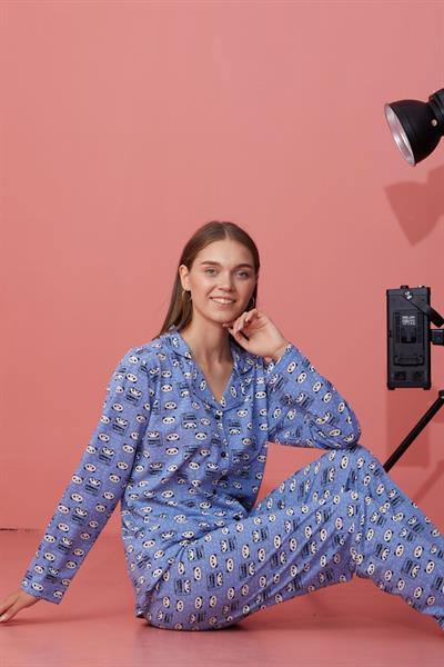 Panda Desenli Düğmeli Mavi Pijama Takımı