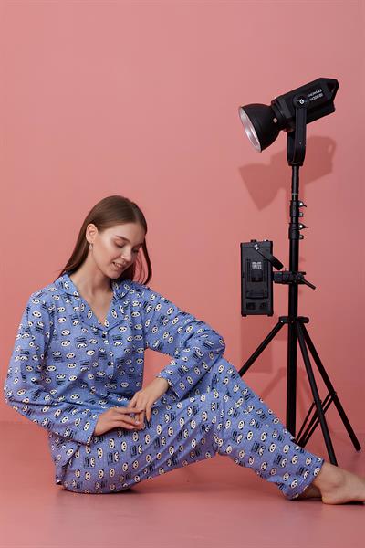 Panda Desenli Düğmeli Mavi Pijama Takımı