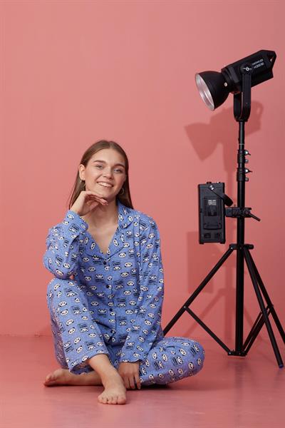 Panda Desenli Düğmeli Mavi Pijama Takımı
