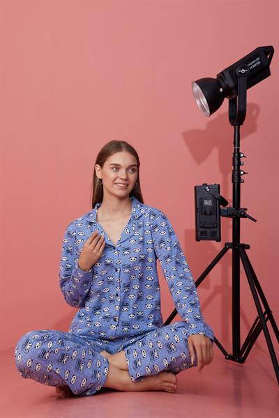 Panda Desenli Düğmeli Mavi Pijama Takımı