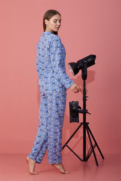 Panda Desenli Düğmeli Mavi Pijama Takımı