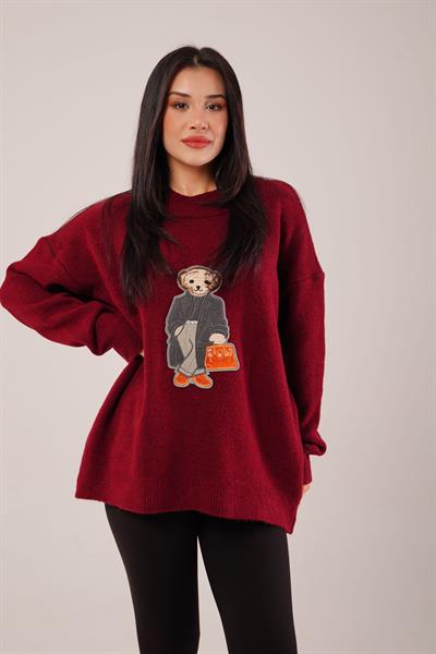Panda Nakışlı Oversize Bordo Kazak