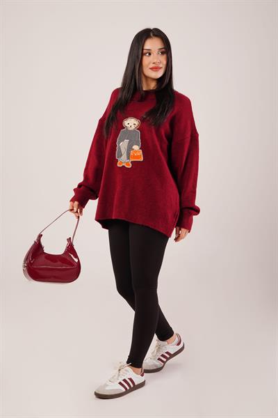 Panda Nakışlı Oversize Bordo Kazak