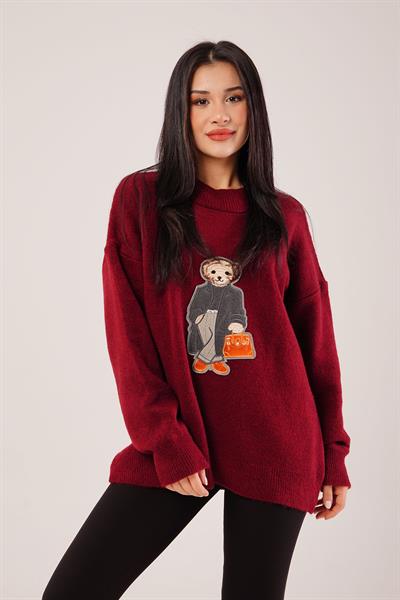 Panda Nakışlı Oversize Bordo Kazak